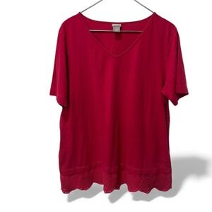 Chicos V Neck T Shirt eyelet Lace Trim cherry red pink Cotton Blend Size 3 XL